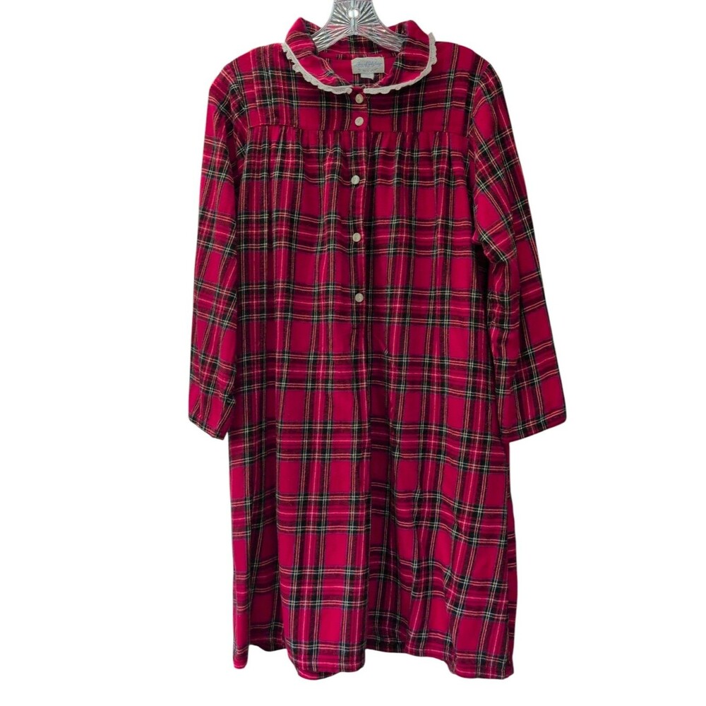 Vintage Lanz of Salzburg Red Tartan Plaid Flannel Nightgown XS Christmas Lace